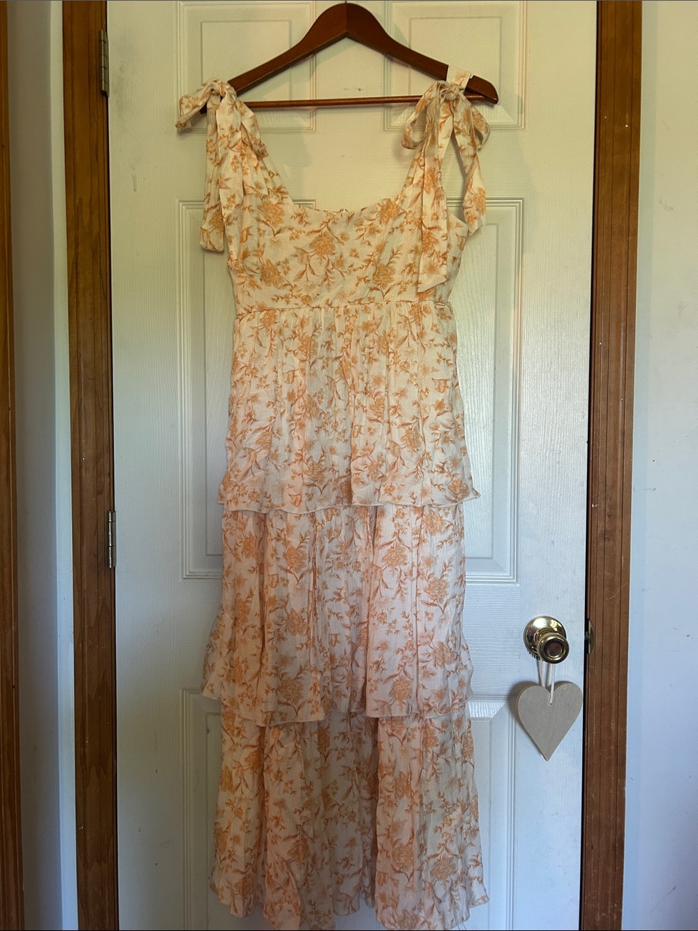 mine Peach & Cream Floral Fall Tiered Tie-Shoulder Maxi Dress